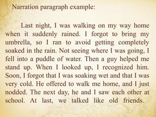 Last night, I was walking on my way home
when it suddenly rained. I forgot to bring my
umbrella, so I ran to avoid getting completely
soaked in the rain. Not seeing where I was going, I
fell into a puddle of water. Then a guy helped me
stand up. When I looked up, I recognized him.
Soon, I forgot that I was soaking wet and that I was
very cold. He offered to walk me home, and I just
nodded. The next day, he and I saw each other at
school. At last, we talked like old friends.
Narration paragraph example:
 