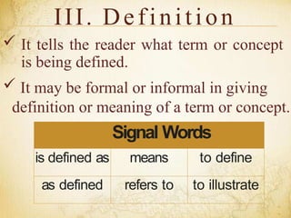 III. Definition
 It tells the reader what term or concept
is being defined.
 It may be formal or informal in giving
definition or meaning of a term or concept.
Signal Words
is defined as means to define
as defined refers to to illustrate
 