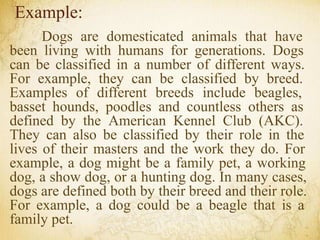Dogs are domesticated animals that have
been living with humans for generations. Dogs
can be classified in a number of different ways.
For example, they can be classified by breed.
Examples of different breeds include beagles,
basset hounds, poodles and countless others as
defined by the American Kennel Club (AKC).
They can also be classified by their role in the
lives of their masters and the work they do. For
example, a dog might be a family pet, a working
dog, a show dog, or a hunting dog. In many cases,
dogs are defined both by their breed and their role.
For example, a dog could be a beagle that is a
family pet.
Example:
 