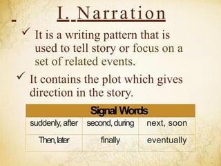I. Narration
 It is a writing pattern that is
used to tell story or focus on a
set of related events.
 It contains the plot which gives
direction in the story.
Signal Words
suddenly,after second,during next, soon
Then,later finally eventually
 