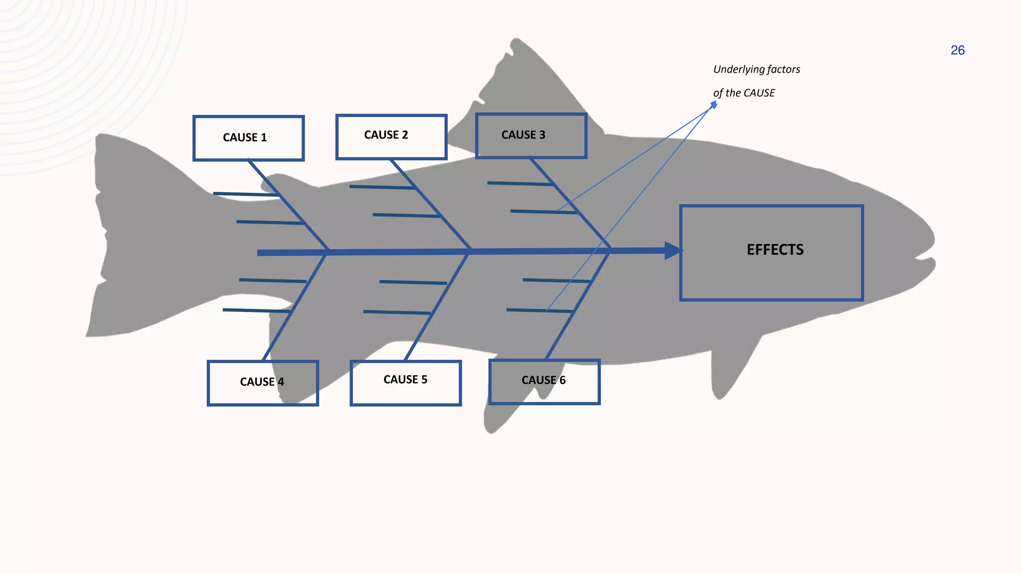 26
EFFECTS
CAUSE 6
CAUSE 1 CAUSE 2 CAUSE 3
CAUSE 5
CAUSE 4
Underlying factors
of the CAUSE
 