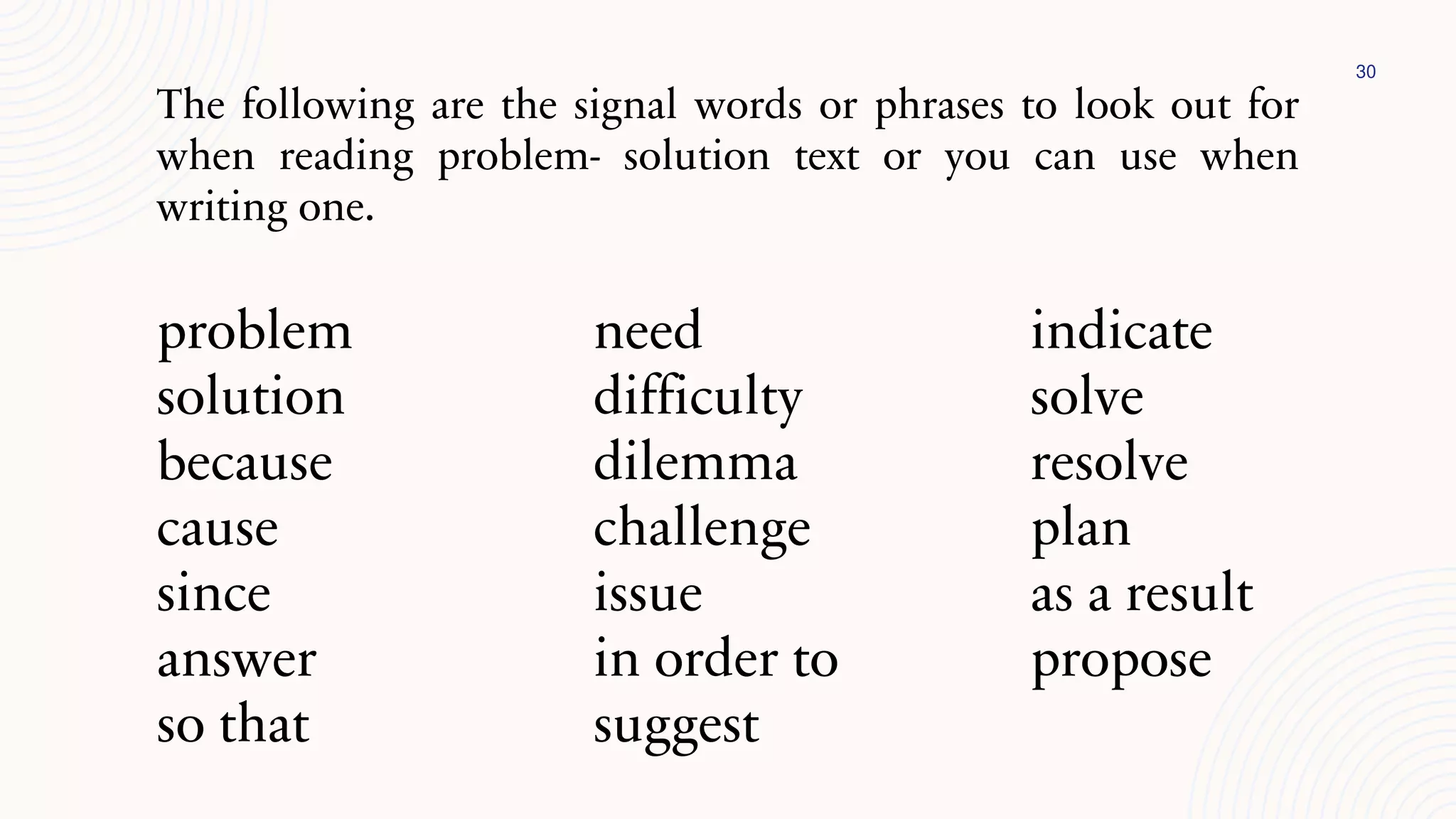 30
The following are the signal words or phrases to look out for
when reading problem- solution text or you can use when
writing one.
problem need indicate
solution difficulty solve
because dilemma resolve
cause challenge plan
since issue as a result
answer in order to propose
so that suggest
 