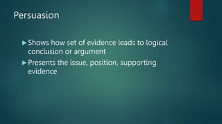 Persuasion
 Shows how set of evidence leads to logical
conclusion or argument
 Presents the issue, position, supporting
evidence
 