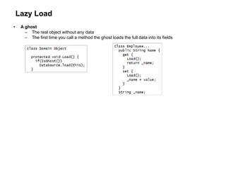Lazy Load
• A ghost
– The real object without any data
– The first time you call a method the ghost loads the full data into its fields
 