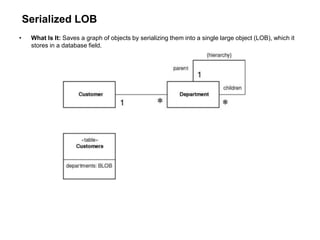 Serialized LOB
• What Is It: Saves a graph of objects by serializing them into a single large object (LOB), which it
stores in a database field.
 