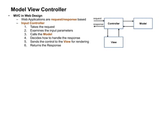 Model View Controller
• MVC in Web Design
– Web Applications are request/response based
– Input Controller
1. Takes the request
2. Examines the input parameters
3. Calls the Model
4. Decides how to handle the response
5. Sends the control to the View for rendering
6. Returns the Response
 