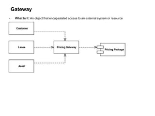 Gateway
• What Is It: An object that encapsulated access to an external system or resource
 