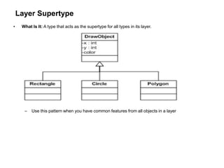 Layer Supertype
• What Is It: A type that acts as the supertype for all types in its layer.
– Use this pattern when you have common features from all objects in a layer
 