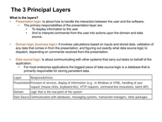 The 3 Principal Layers
What is the layers?
• Presentation logic: Is about how to handle the interaction between the user and the software.
− The primary responsibilities of the presentation layer are:
• To display information to the user
• And to interpret commands from the user into actions upon the domain and data
source.
• Domain logic (business logic): It involves calculations based on inputs and stored data, validation of
any data that comes in from the presentation, and figuring out exactly what data source logic to
dispatch, depending on commands received from the presentation.
• Data source logic: Is about communicating with other systems that carry out tasks on behalf of the
application.
− For most enterprise applications the biggest piece of data source logic is a database that is
primarily responsible for storing persistent data.
 