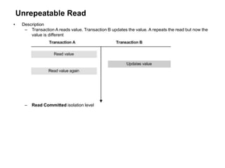 Unrepeatable Read
• Description
– Transaction A reads value. Transaction B updates the value. A repeats the read but now the
value is different
– Read Committed isolation level
 