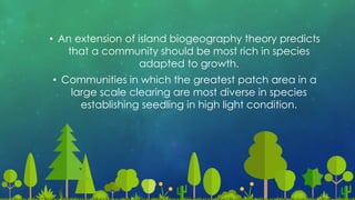 • An extension of island biogeography theory predicts
that a community should be most rich in species
adapted to growth.
• Communities in which the greatest patch area in a
large scale clearing are most diverse in species
establishing seedling in high light condition.
 