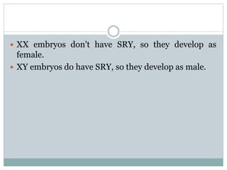  XX embryos don't have SRY, so they develop as
female.
 XY embryos do have SRY, so they develop as male.
 