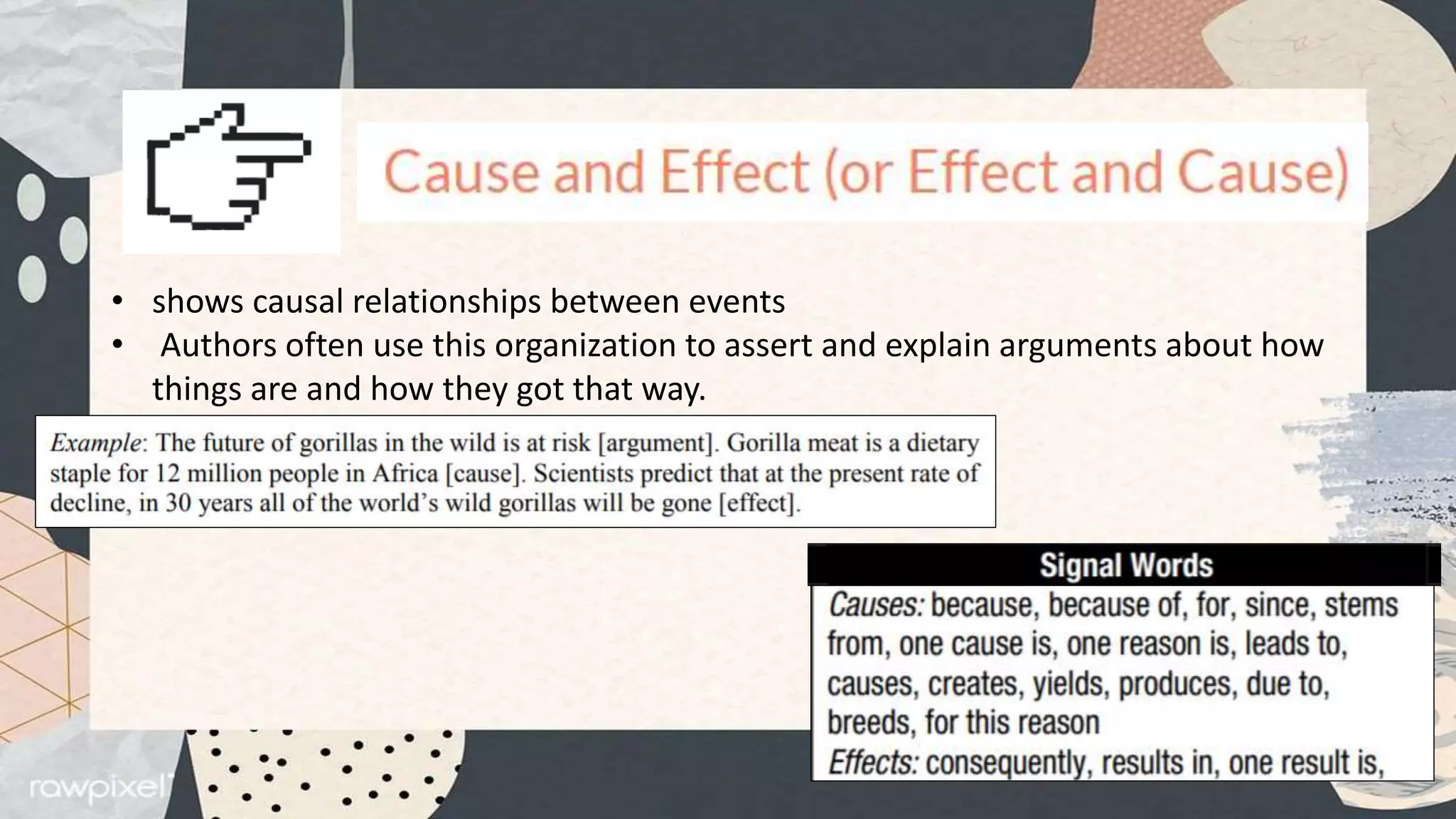 • shows causal relationships between events
• Authors often use this organization to assert and explain arguments about how
things are and how they got that way.