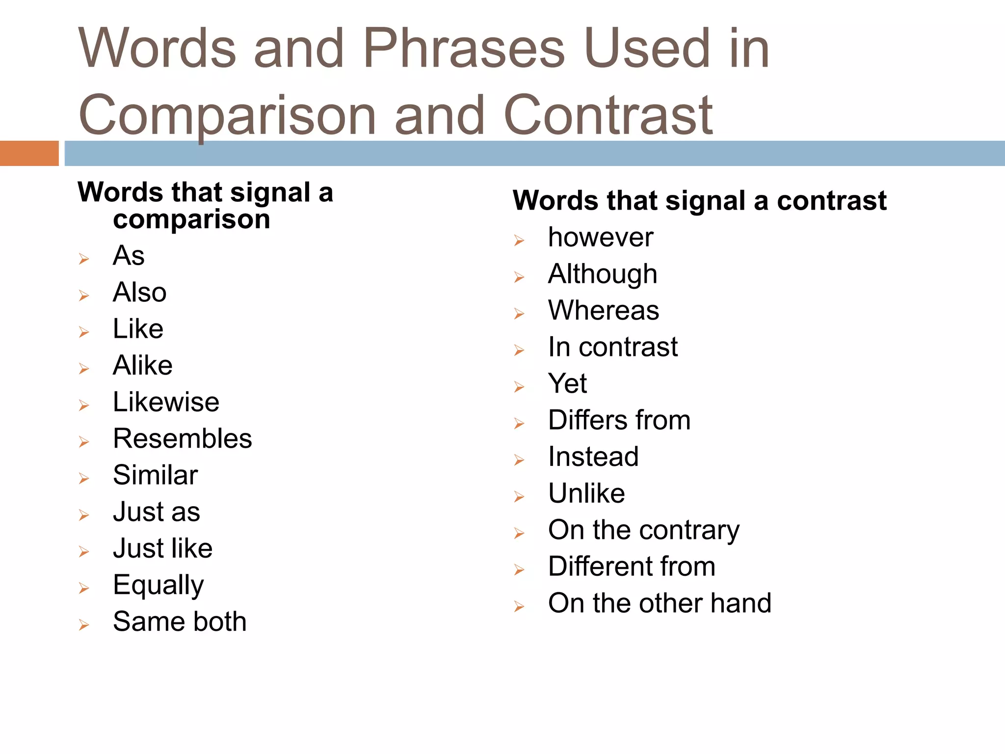 Words and Phrases Used in
Comparison and Contrast
Words that signal a comparison   Words that signal a contrast
 As                              however
 Also                            Although
 Like                            Whereas
 Alike                           In contrast
 Likewise                        Yet
 Resembles                       Differs from
 Similar                         Instead
 Just as                         Unlike
 Just like                       On the contrary
 Equally                         Different from
 Same both                       On the other hand
 
