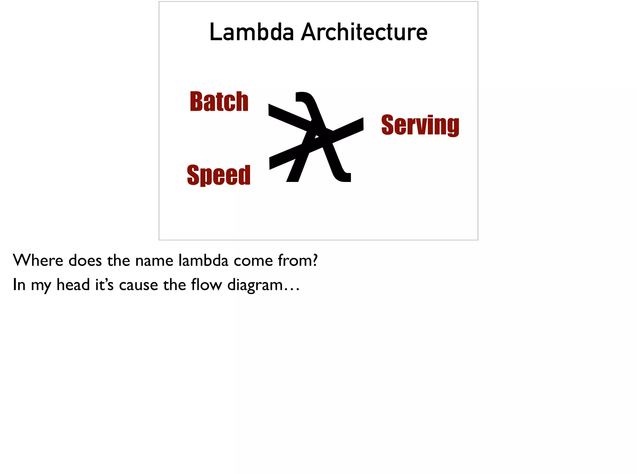 Lambda Architecture
Batch
Speed
Serving
λ
λ
Where does the name lambda come from?
In my head it’s cause the ﬂow diagram…
 