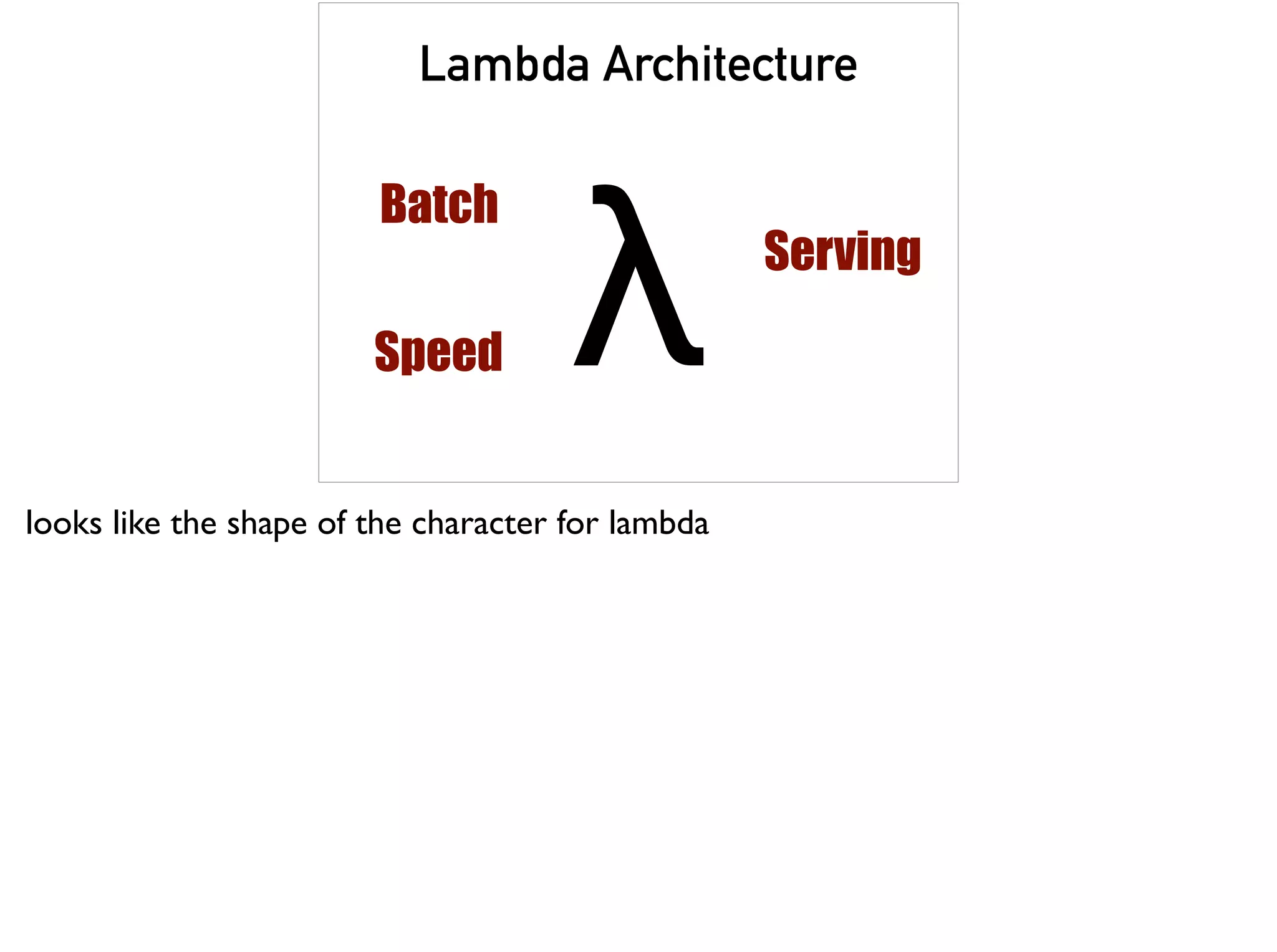 Lambda Architecture
Batch
Speed
Serving
λ
looks like the shape of the character for lambda
 