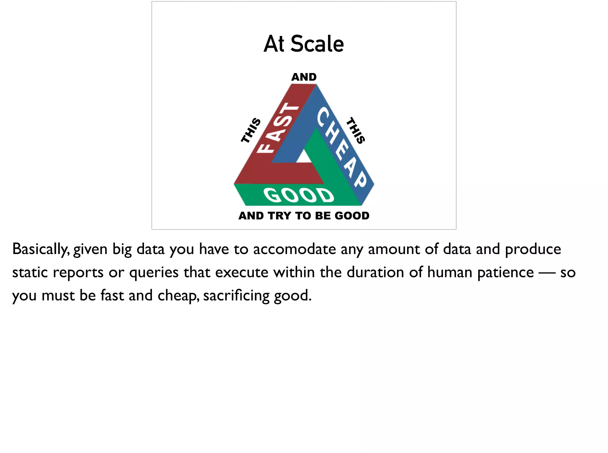 At Scale
AND
THIS
THIS
AND TRY TO BE GOOD
Basically, given big data you have to accomodate any amount of data and produce
static reports or queries that execute within the duration of human patience — so
you must be fast and cheap, sacriﬁcing good.
 