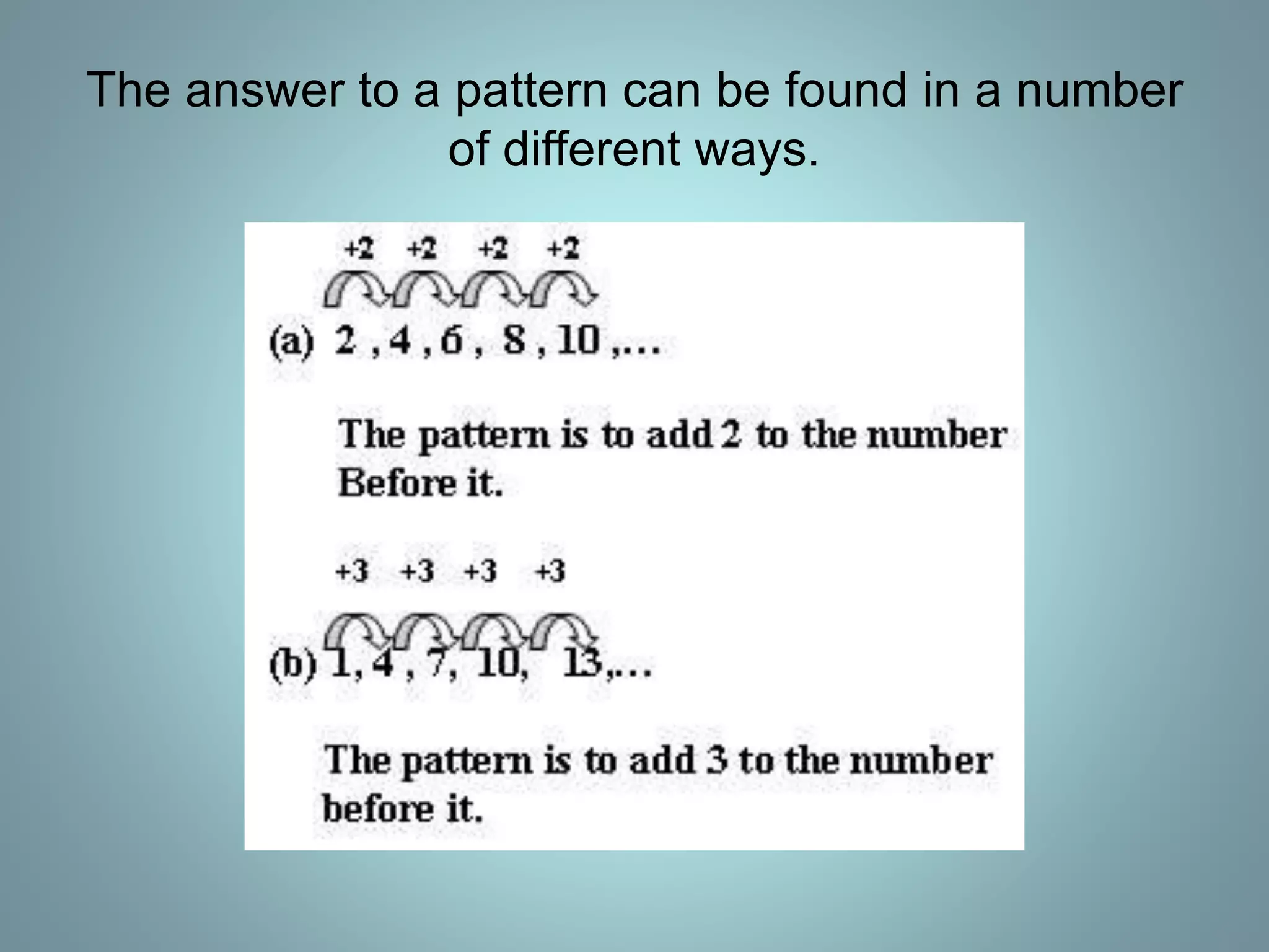 The answer to a pattern can be found in a number
of different ways.