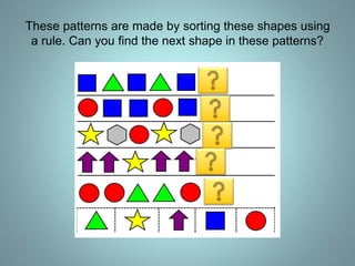 These patterns are made by sorting these shapes using
a rule. Can you find the next shape in these patterns?
 