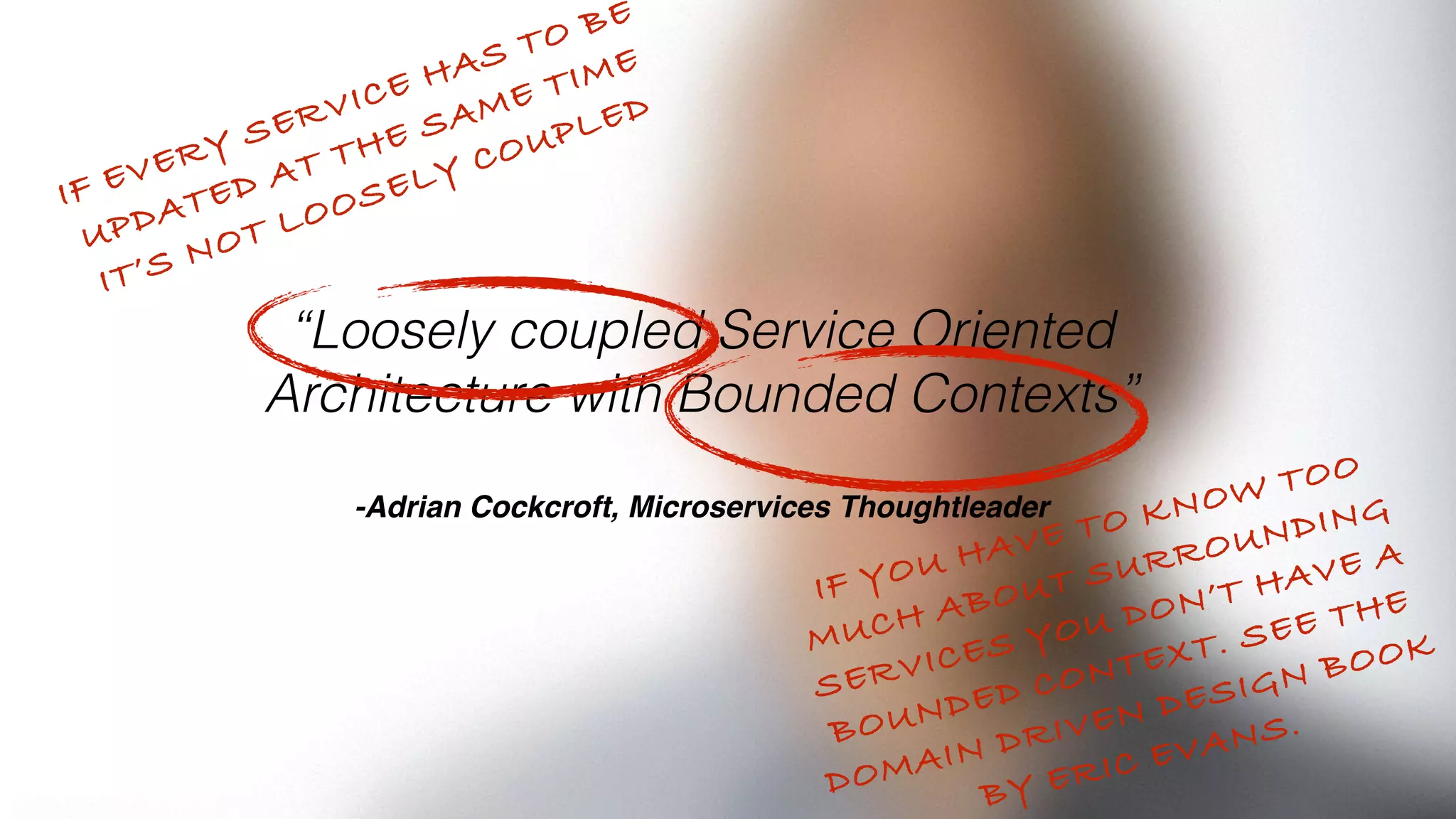 “Loosely coupled Service Oriented
Architecture with Bounded Contexts”
 
-Adrian Cockcroft, Microservices Thoughtleader
IF EVERY SERVICE HAS TO BE
UPDATED AT THE SAME TIME
IT’S NOT LOOSELY COUPLED
IF YOU HAVE TO KNOW TOO
MUCH ABOUT SURROUNDING
SERVICES YOU DON’T HAVE A
BOUNDED CONTEXT. SEE THE
DOMAIN DRIVEN DESIGN BOOK
BY ERIC EVANS.
 