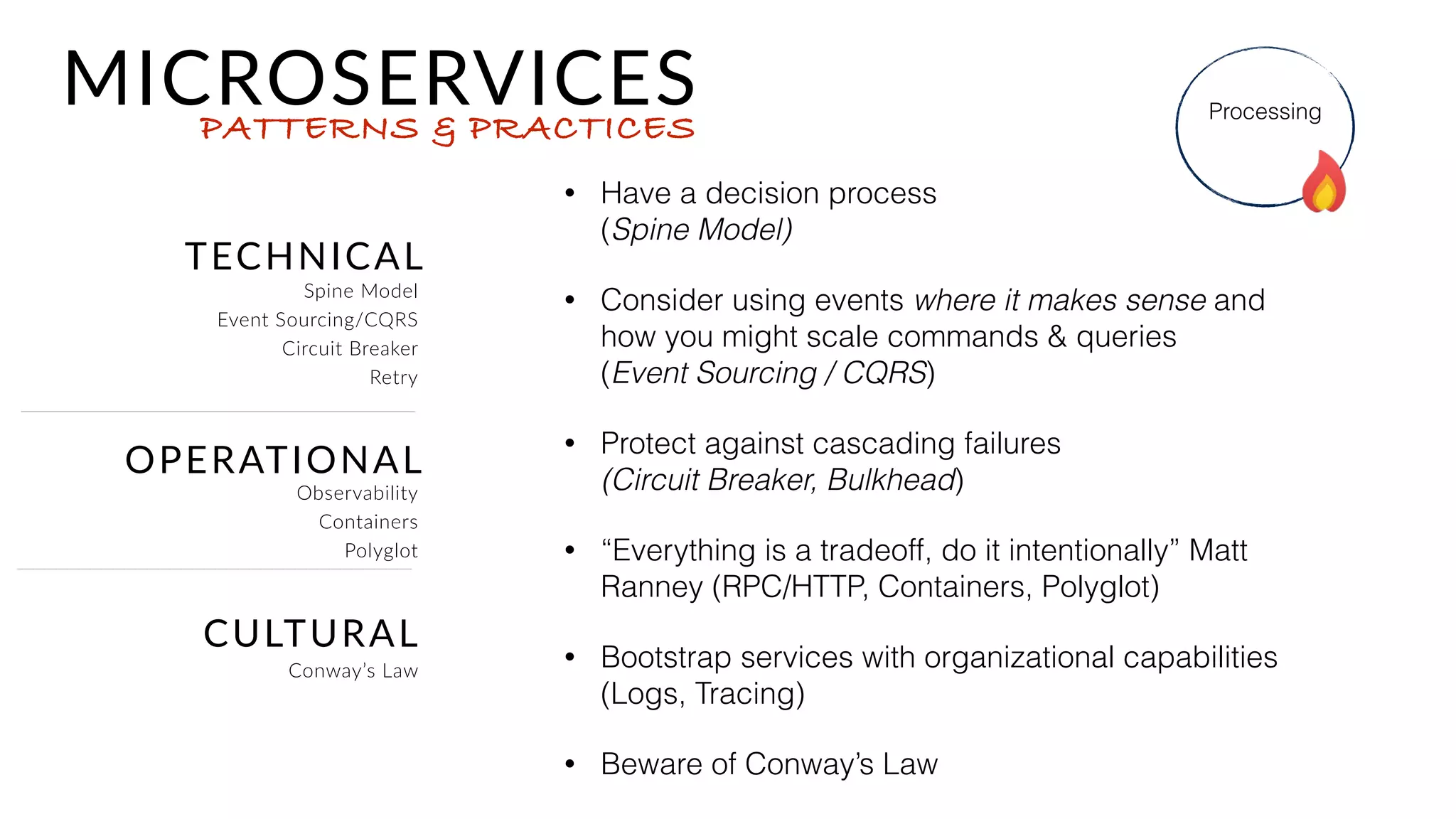 FIRST PRINCIPLES
MICROSERVICESPATTERNS & PRACTICES
• Have capabilities in your org to do things
like rapidly provision, monitor, and use
rapid deployment. 
(DevOPs Culture is a must)
• Accept that the service going to evolve  
(Evolutionary Architecture)
• Handle their own data needs  
(Consistency/Availablity Tradeoffs)
• Be able to scale based on it’s needs 
(Scale Cube)
Processing
DevOps Culture,
Evolutionary Architecture,  
Scale Cube & CAP Theorem
 