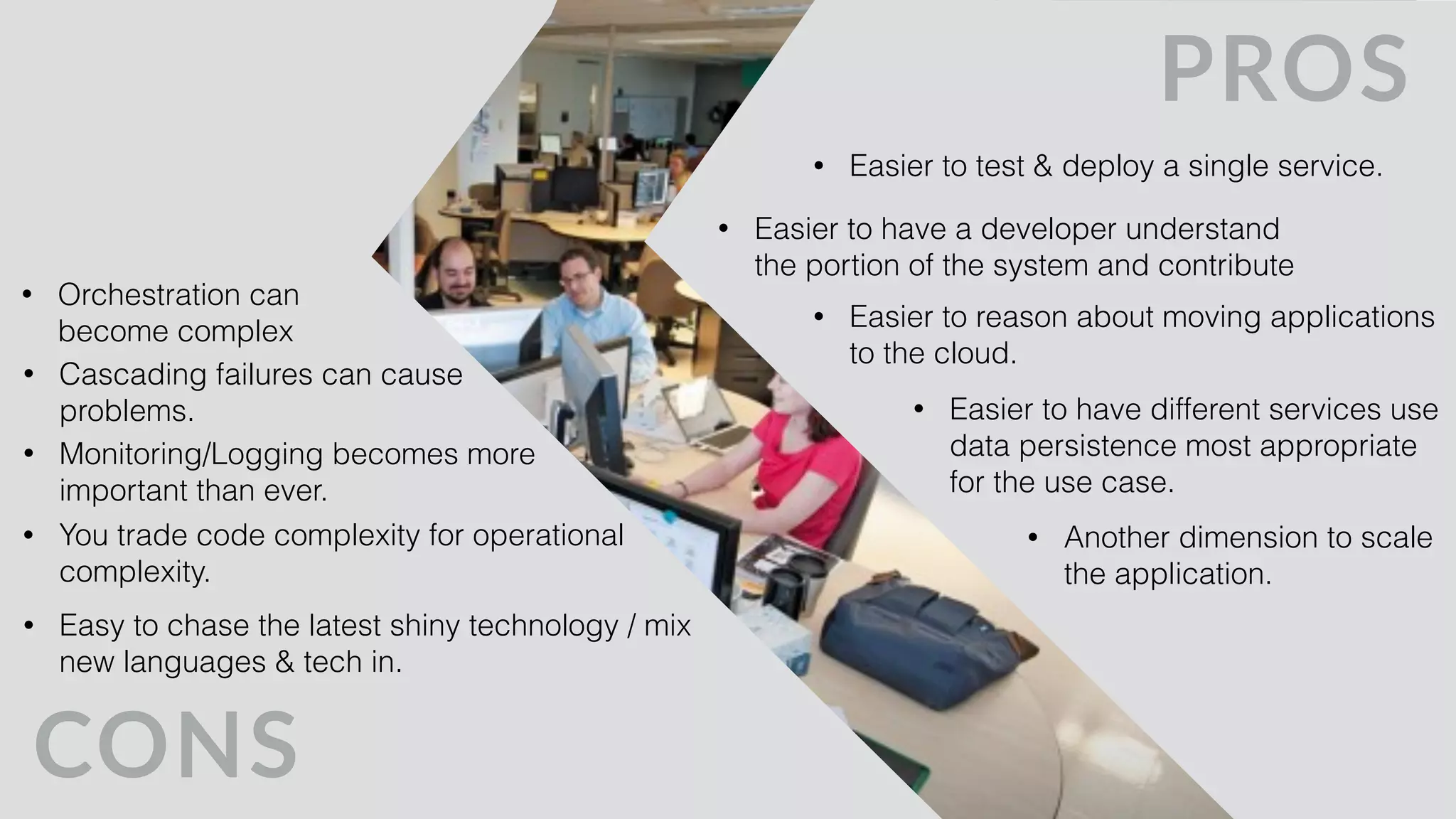 TECHNICAL
Spine Model 
Event Sourcing/CQRS
Circuit Breaker
Retry
OPERATIONAL
Observability 
Containers
Polyglot
CULTURAL
Conway’s Law
MICROSERVICESPATTERNS & PRACTICES Processing
• Have a decision process 
(Spine Model)
• Consider using events where it makes sense and
how you might scale commands & queries 
(Event Sourcing / CQRS)
• Protect against cascading failures 
(Circuit Breaker, Bulkhead)
• “Everything is a tradeoff, do it intentionally” Matt
Ranney (RPC/HTTP, Containers, Polyglot)
• Bootstrap services with organizational capabilities
(Logs, Tracing)
• Beware of Conway’s Law
 