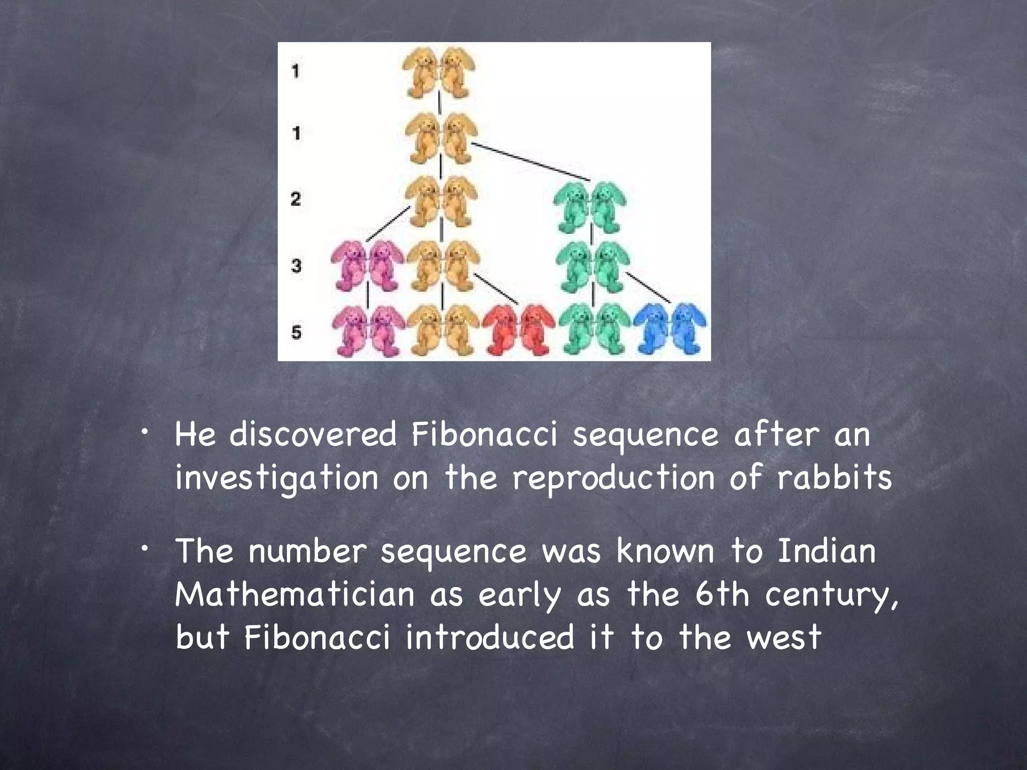 •   He discovered Fibonacci sequence after an
    investigation on the reproduction of rabbits
•   The number sequence was known to Indian
    Mathematician as early as the 6th century,
    but Fibonacci introduced it to the west
 