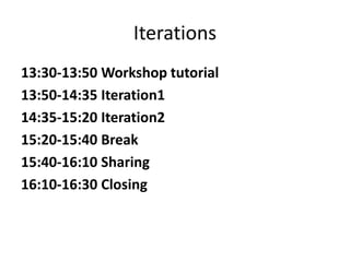 Iterations
13:30-13:50 Workshop tutorial
13:50-14:35 Iteration1
14:35-15:20 Iteration2
15:20-15:40 Break
15:40-16:10 Sharing
16:10-16:30 Closing
 