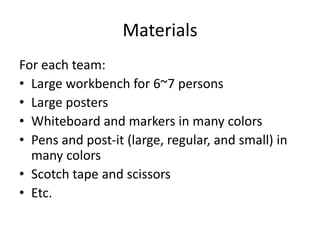Materials
For each team:
• Large workbench for 6~7 persons
• Large posters
• Whiteboard and markers in many colors
• Pens and post-it (large, regular, and small) in
many colors
• Scotch tape and scissors
• Etc.
 