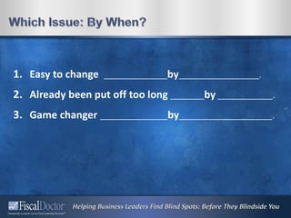 1. Easy to change _______________by___________________.
2. Already been put off too long ________by _____________.
3. Game changer ________________by______________________.
 