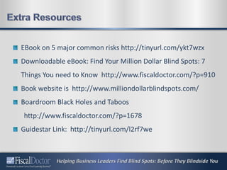 EBook on 5 major common risks http://tinyurl.com/ykt7wzx
Downloadable eBook: Find Your Million Dollar Blind Spots: 7
Things You need to Know http://www.fiscaldoctor.com/?p=910
Book website is http://www.milliondollarblindspots.com/
Boardroom Black Holes and Taboos
http://www.fiscaldoctor.com/?p=1678
Guidestar Link: http://tinyurl.com/l2rf7we
 
