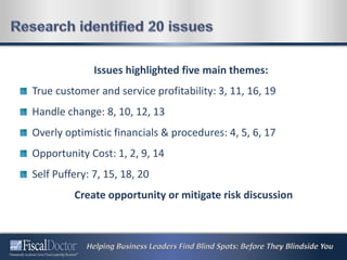 Issues highlighted five main themes:
True customer and service profitability: 3, 11, 16, 19
Handle change: 8, 10, 12, 13
Overly optimistic financials & procedures: 4, 5, 6, 17
Opportunity Cost: 1, 2, 9, 14
Self Puffery: 7, 15, 18, 20
Create opportunity or mitigate risk discussion
 