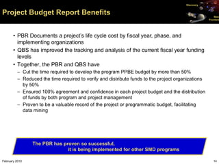 Discovery


Project Budget Report Benefits                                                                         New
                                                                                                   Frontiers




       • PBR Documents a project’s life cycle cost by fiscal year, phase, and
         implementing organizations
       • QBS has improved the tracking and analysis of the current fiscal year funding
         levels
       • Together, the PBR and QBS have
         – Cut the time required to develop the program PPBE budget by more than 50%
         – Reduced the time required to verify and distribute funds to the project organizations
           by 50%
         – Ensured 100% agreement and confidence in each project budget and the distribution
           of funds by both program and project management
         – Proven to be a valuable record of the project or programmatic budget, facilitating
           data mining




                The PBR has proven so successful,
                              it is being implemented for other SMD programs

February 2010                                                                                         14
 