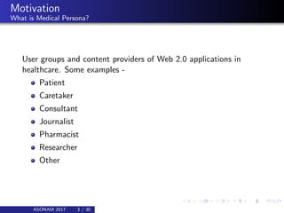 Motivation
What is Medical Persona?
User groups and content providers of Web 2.0 applications in
healthcare. Some examples...