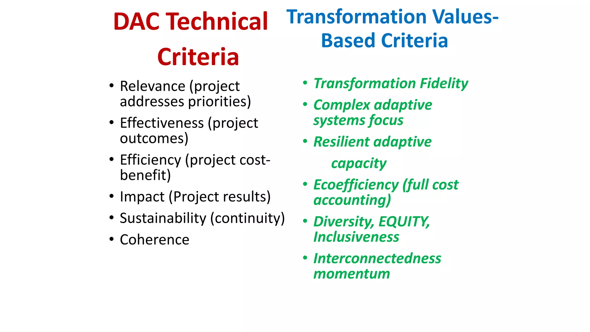 DAC Technical
Criteria
• Relevance (project
addresses priorities)
• Effectiveness (project
outcomes)
• Efficiency (project cost-
benefit)
• Impact (Project results)
• Sustainability (continuity)
• Coherence
Transformation Values-
Based Criteria
• Transformation Fidelity
• Complex adaptive
systems focus
• Resilient adaptive
capacity
• Ecoefficiency (full cost
accounting)
• Diversity, EQUITY,
Inclusiveness
• Interconnectedness
momentum
 