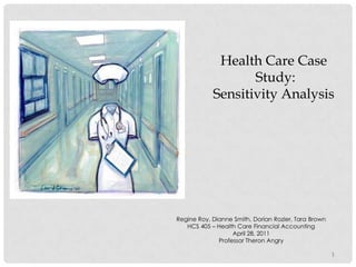 Health Care Case
                   Study:
            Sensitivity Analysis




Regine Roy, Dianne Smith, Dorian Rozier, Tara Brown
   HCS 405 – Health Care Financial Accounting
                   April 28, 2011
              Professor Theron Angry

                                                      1
 