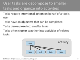 23
© Jeff Patton, all rights reserved, www.AgileProductDesign.com
activity
User tasks are decompose to smaller
tasks and organize into activities
Tasks require intentional action on behalf of a tool’s
user
Tasks have an objective that can be completed
Tasks decompose into smaller tasks
Tasks often cluster together into activities of related
tasks
task task task task
task
 