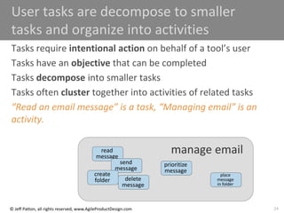 24
© Jeff Patton, all rights reserved, www.AgileProductDesign.com
activity
manage email
User tasks are decompose to smaller
tasks and organize into activities
Tasks require intentional action on behalf of a tool’s user
Tasks have an objective that can be completed
Tasks decompose into smaller tasks
Tasks often cluster together into activities of related tasks
“Read an email message” is a task, “Managing email” is an
activity.
task
task
task
task
task
task
read
message
send
message
create
folder delete
message
prioritize
message
place
message
in folder
 