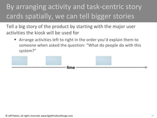 35
© Jeff Patton, all rights reserved, www.AgileProductDesign.com
By arranging activity and task-centric story
cards spatially, we can tell bigger stories
Tell a big story of the product by starting with the major user
activities the kiosk will be used for
 Arrange activities left to right in the order you’d explain them to
someone when asked the question: “What do people do with this
system?”
time
 