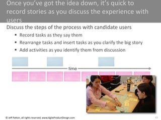 43
© Jeff Patton, all rights reserved, www.AgileProductDesign.com
Once you’ve got the idea down, it’s quick to
record stories as you discuss the experience with
users
Discuss the steps of the process with candidate users
 Record tasks as they say them
 Rearrange tasks and insert tasks as you clarify the big story
 Add activities as you identify them from discussion
time
 