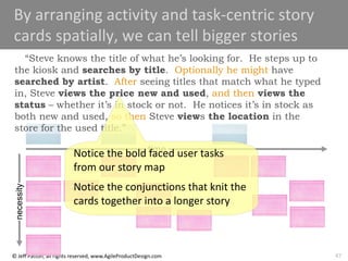 47
© Jeff Patton, all rights reserved, www.AgileProductDesign.com
By arranging activity and task-centric story
cards spatially, we can tell bigger stories
time
necessity
“Steve knows the title of what he’s looking for. He steps up to
the kiosk and searches by title. Optionally he might have
searched by artist. After seeing titles that match what he typed
in, Steve views the price new and used, and then views the
status – whether it’s in stock or not. He notices it’s in stock as
both new and used, so then Steve views the location in the
store for the used title.”
Notice the bold faced user tasks
from our story map
Notice the conjunctions that knit the
cards together into a longer story
 