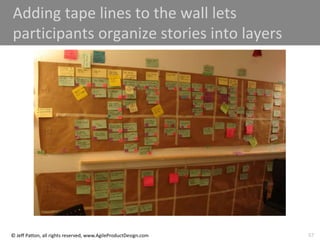 57
© Jeff Patton, all rights reserved, www.AgileProductDesign.com
Adding tape lines to the wall lets
participants organize stories into layers
 