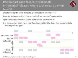 63
© Jeff Patton, all rights reserved, www.AgileProductDesign.com
Use product goals to identify candidate
incremental releases, where each release delivers
benefit
Create horizontal swim-lanes to group features into releases
Arrange features vertically by necessity from the user’s perspective
Split tasks into parts that can be deferred till later releases
Use the product goals from your handouts to identify slices that incrementally
realize product goals
optionality
necessary
less
optional
more
optional
 