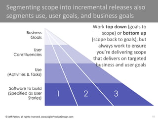 65
© Jeff Patton, all rights reserved, www.AgileProductDesign.com
Segmenting scope into incremental releases also
segments use, user goals, and business goals
Use
(Activities & Tasks)
Software to build
(Specified as User
Stories)
User
Constituencies
Business
Goals
1 2 3
Work top down (goals to
scope) or bottom up
(scope back to goals), but
always work to ensure
you’re delivering scope
that delivers on targeted
business and user goals
 