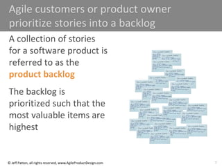 7
© Jeff Patton, all rights reserved, www.AgileProductDesign.com
Agile customers or product owner
prioritize stories into a backlog
A collection of stories
for a software product is
referred to as the
product backlog
The backlog is
prioritized such that the
most valuable items are
highest
 