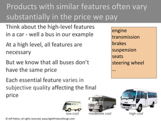 80
© Jeff Patton, all rights reserved, www.AgileProductDesign.com
51
Products with similar features often vary
substantially in the price we pay
low cost moderate cost high cost
Think about the high-level features
in a car - well a bus in our example
At a high level, all features are
necessary
But we know that all buses don’t
have the same price
Each essential feature varies in
subjective quality affecting the final
price
engine
transmission
brakes
suspension
seats
steering wheel
…
 