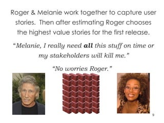 Roger & Melanie work together to capture user stories.  Then after estimating Roger chooses the highest value stories for the first release. “ Melanie, I really need  all  this stuff on time or my stakeholders will kill me.” “ No worries Roger.”   