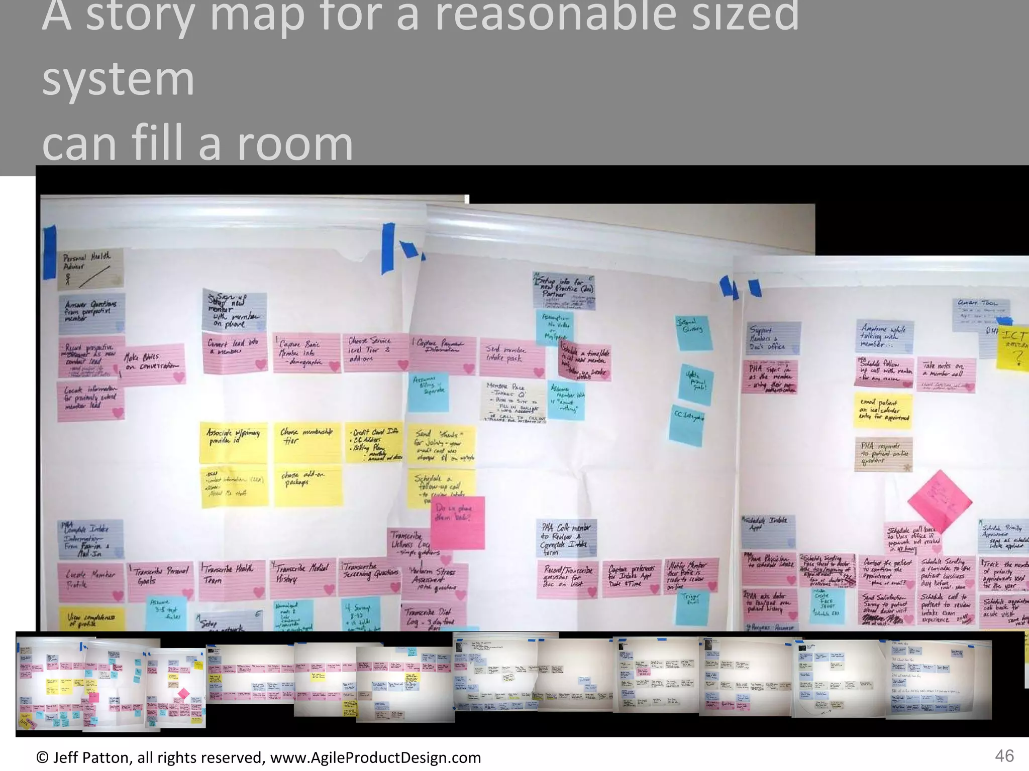 46© Jeff Patton, all rights reserved, www.AgileProductDesign.com
A story map for a reasonable sized
system
can fill a room
 