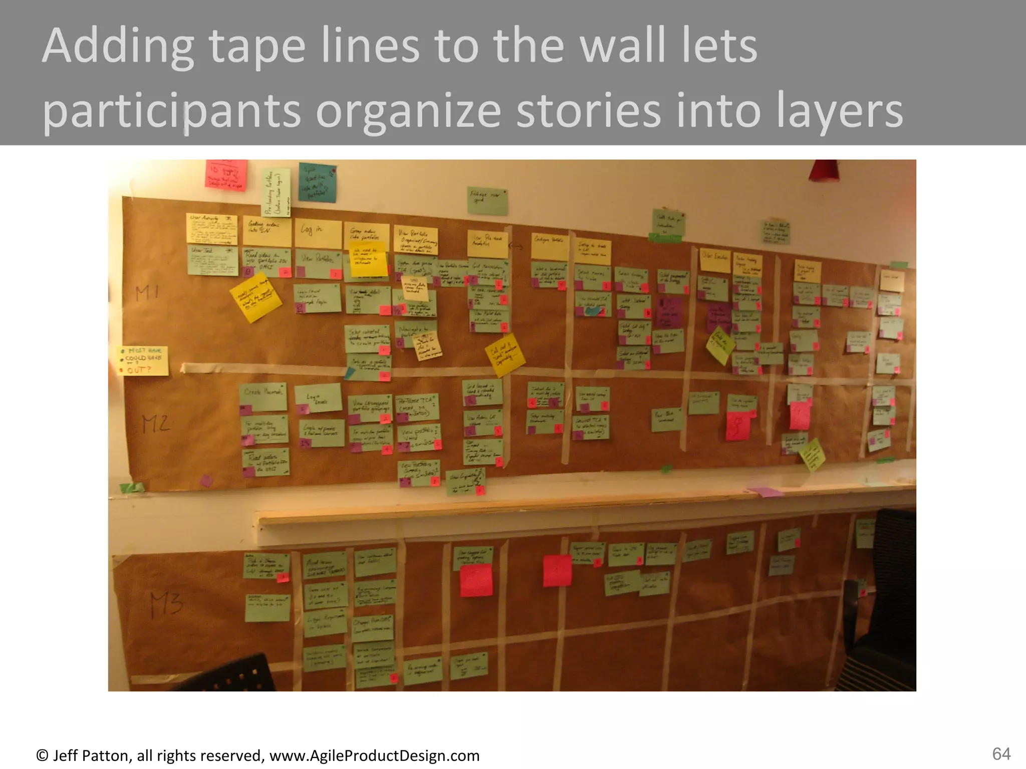 64© Jeff Patton, all rights reserved, www.AgileProductDesign.com
Adding tape lines to the wall lets
participants organize stories into layers
 