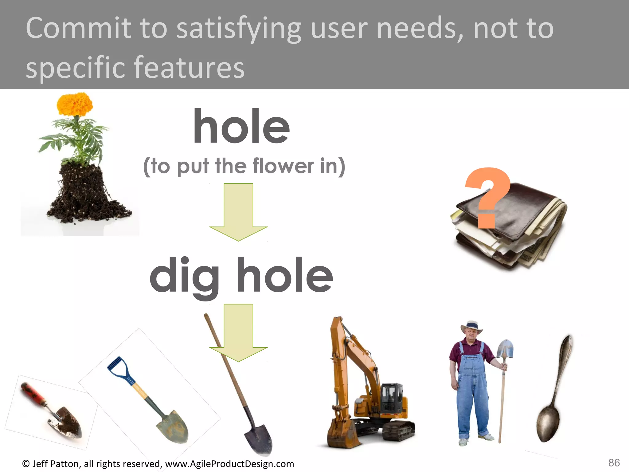 86© Jeff Patton, all rights reserved, www.AgileProductDesign.com
Commit to satisfying user needs, not to
specific features
hole
(to put the flower in)
dig hole
?
 